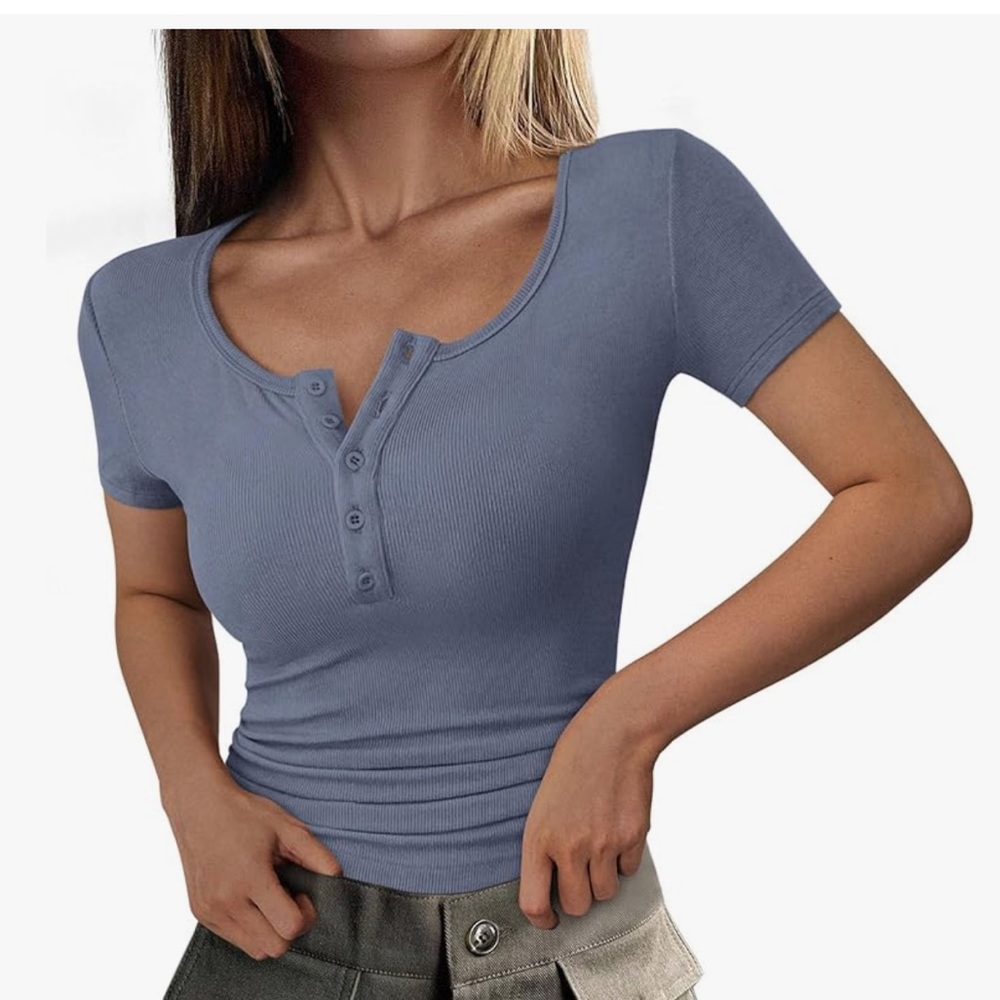 Women's Short Sleeve Button-Up Top - Blue